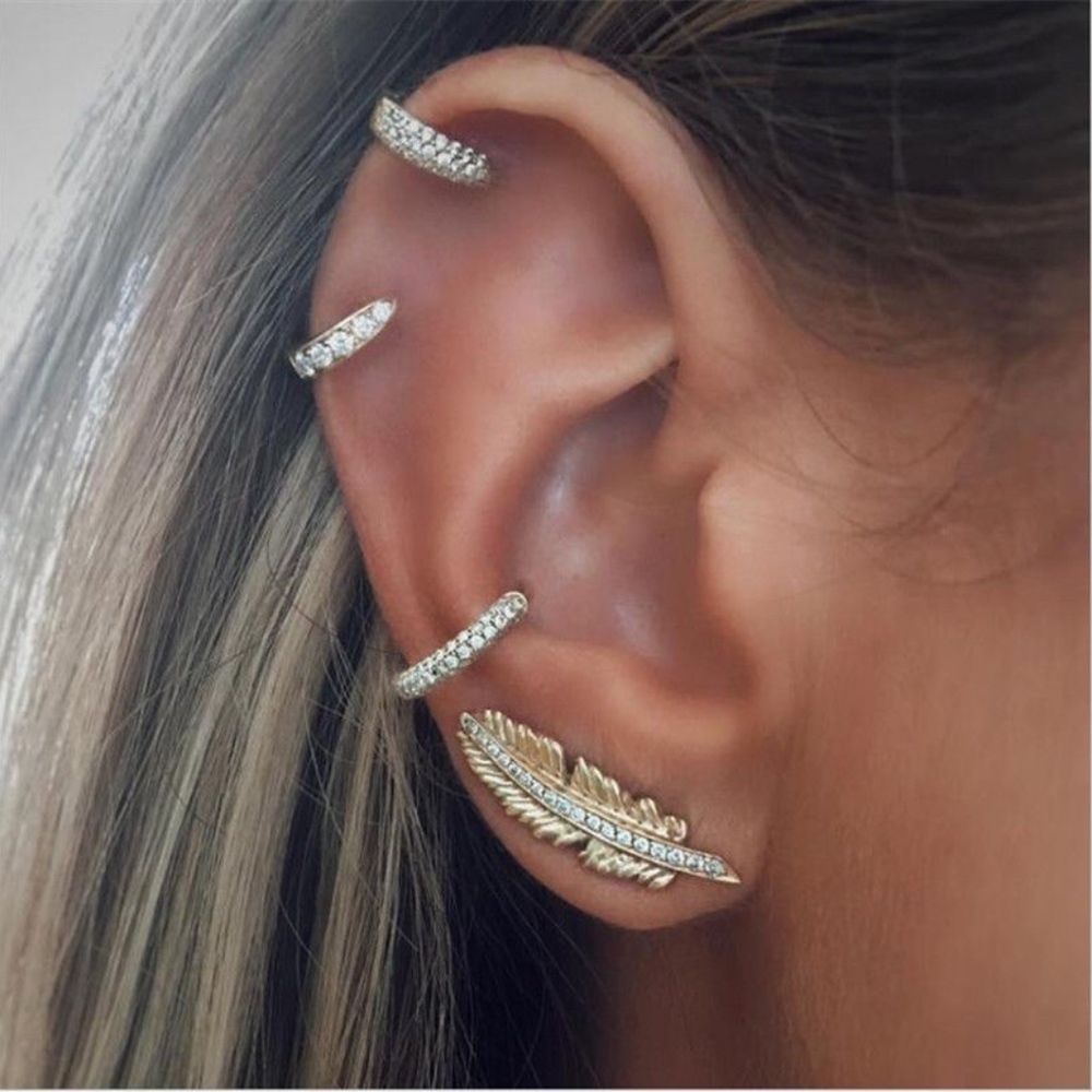 4-piece Feather Rhinestone Cuff Earrings